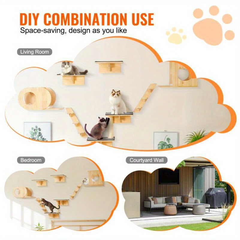 Cat Activity Wall Shelf Set With Hammock Nests 7 Piece