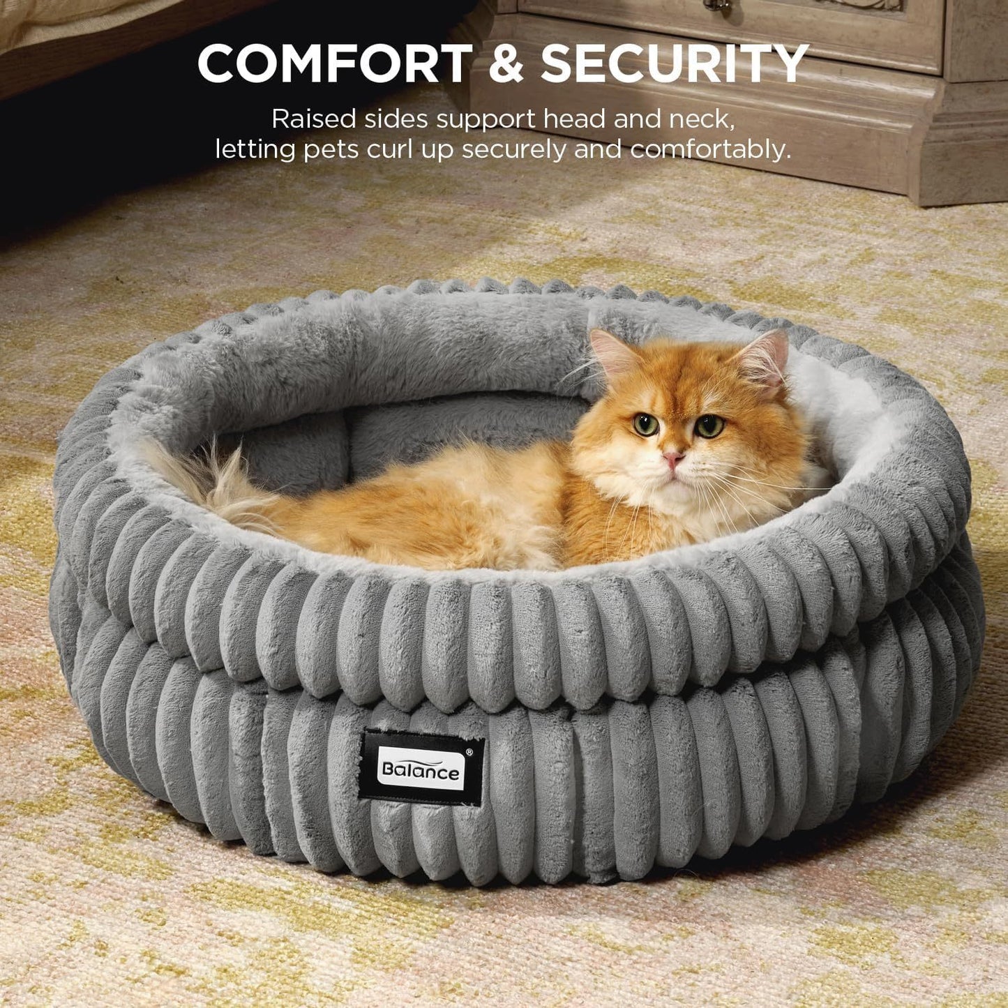 Washable Round Cat Bed for Indoor Cats Soft Plush Faux Fur Pet Bed with Anti-Slip Bottom