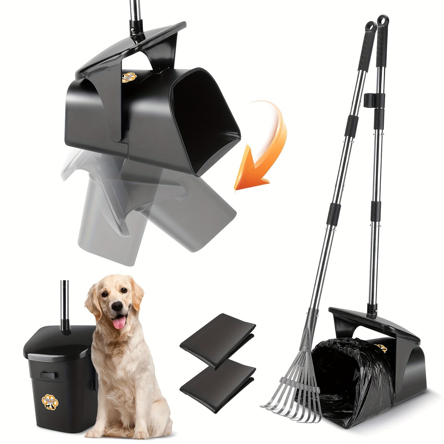 Large Swivel Pooper Scooper with Rake and Spade Plus 20 Waste Bags for Easy Pet Cleanup