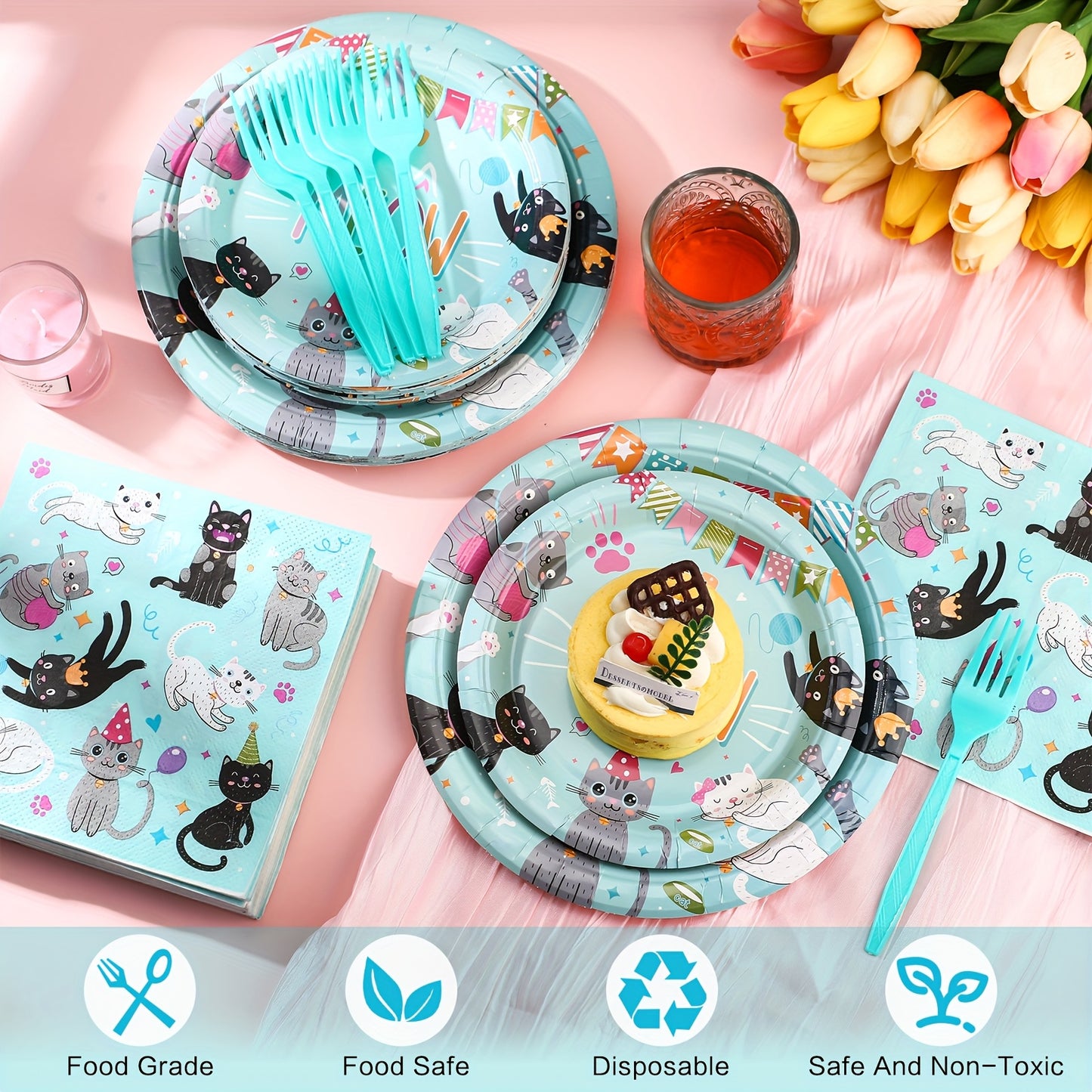 122 Pieces Cat Birthday Party Supplies Disposable Tableware Set for 24 Guests in Green