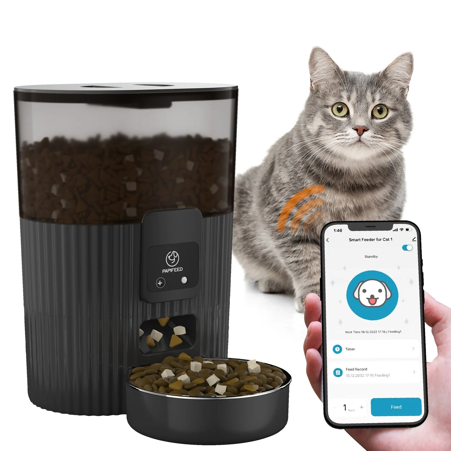 PAPIFEED Automatic Feeder for Cat Dog Fixed Food Dispenser with WiFi Remote