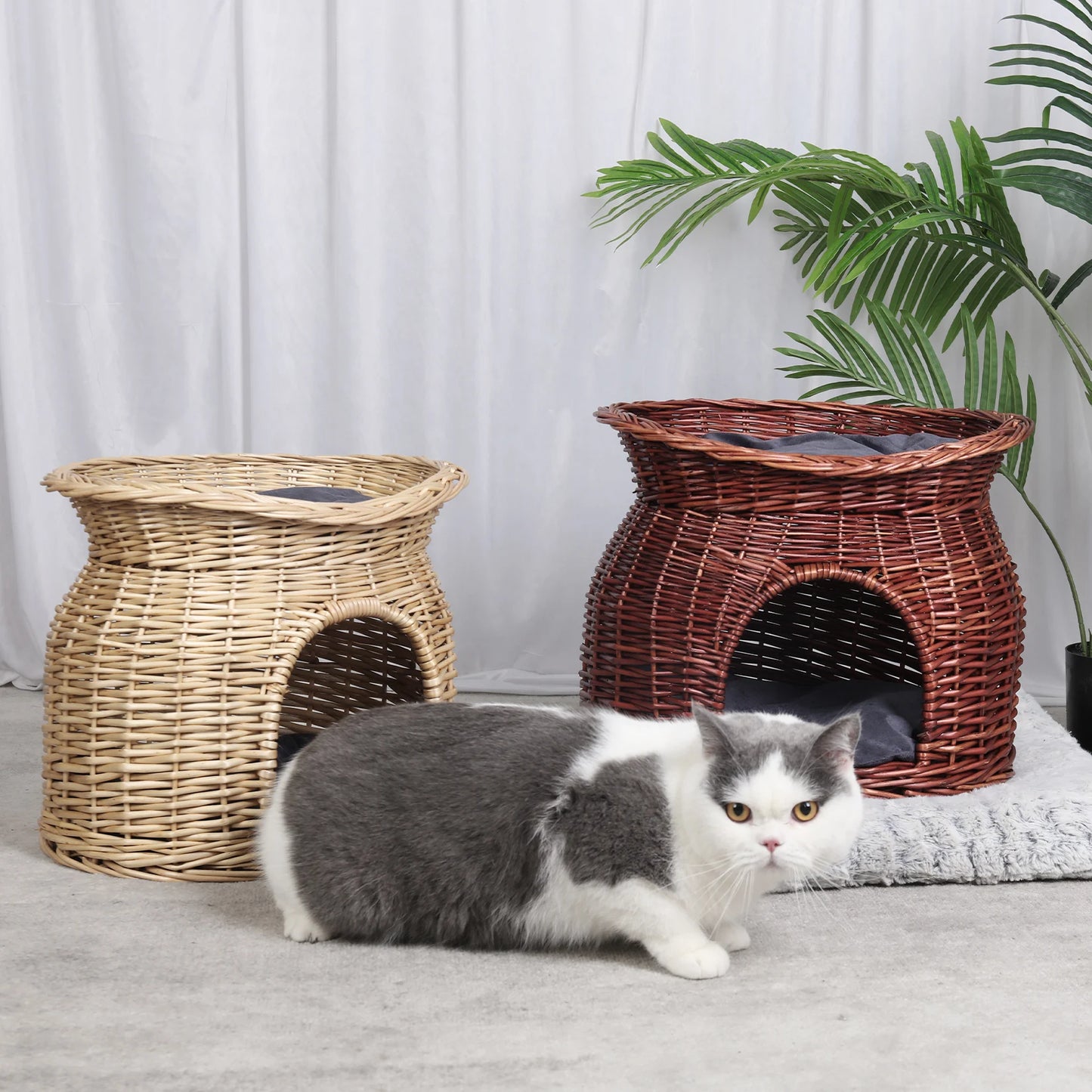 2-Tier Wicker Cat Bed with Soft Cushions Double Layer Indoor Pet Sleeping and Play House