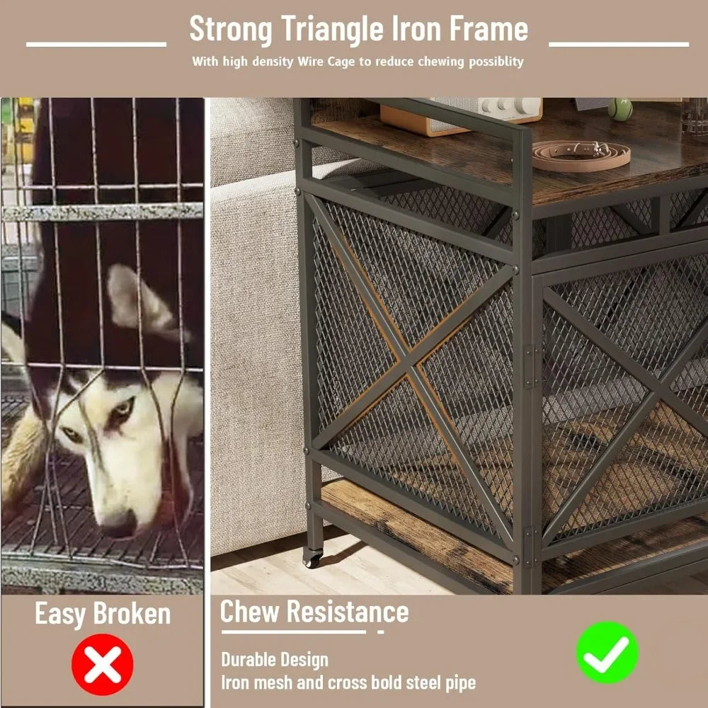 Large Dog Crate 48 Inch Wooden Kennel Heavy Duty Indoor Wire Cage with Caster Wheels