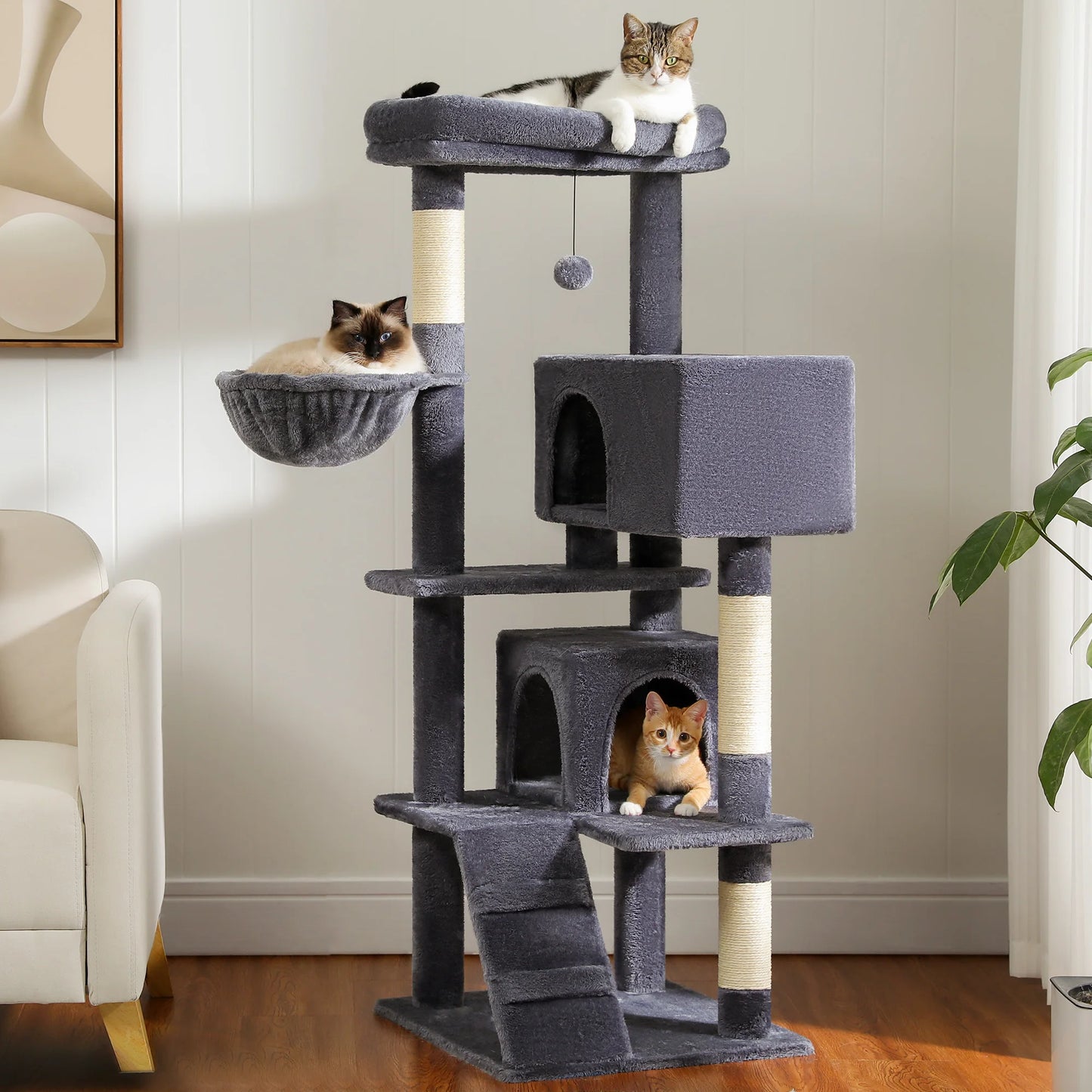 56.3 Inch Cat Tree for Large Cats with Plush Hammock and Super Large Top Perch