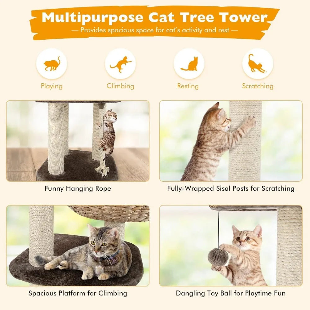 Tangkula Modern Cat Tree Tower with Sisal Scratching Post and Wicker Condo for Indoor Cats