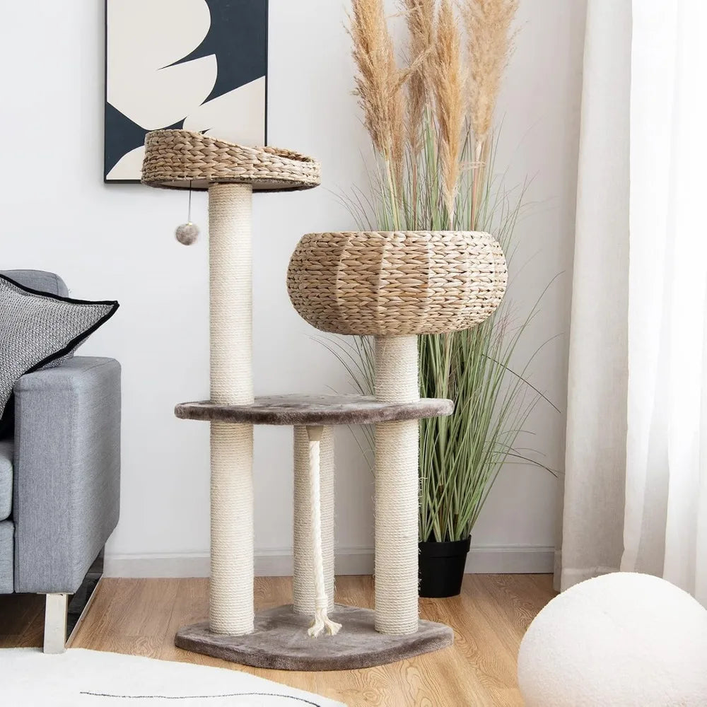 Tangkula Modern Cat Tree Tower with Sisal Scratching Post and Wicker Condo for Indoor Cats