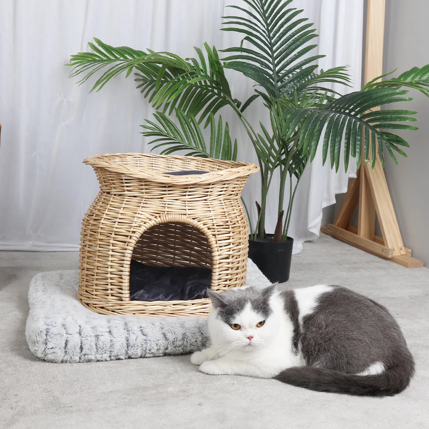 2-Tier Wicker Cat Bed with Soft Cushions Double Layer Indoor Pet Sleeping and Play House