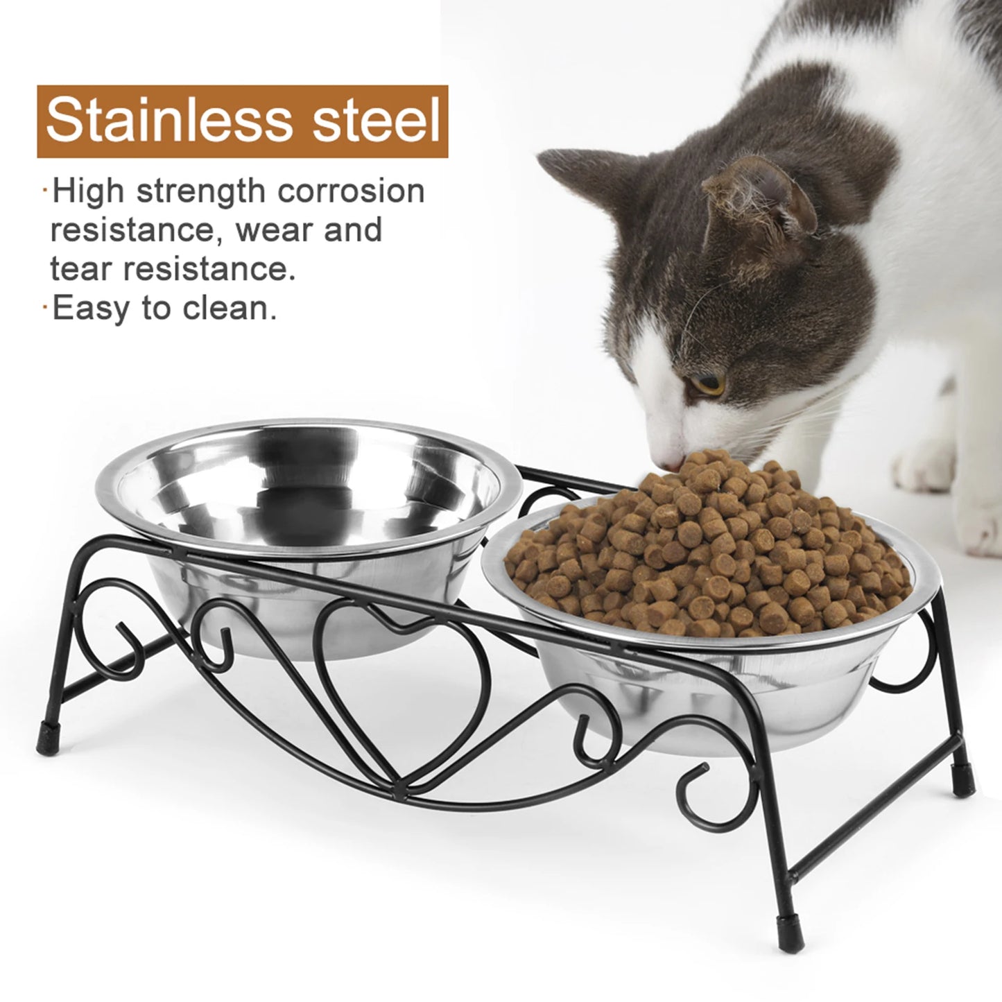 Stainless Steel Double Dog Cat Food Water Bowls Feeder Dishes Stand