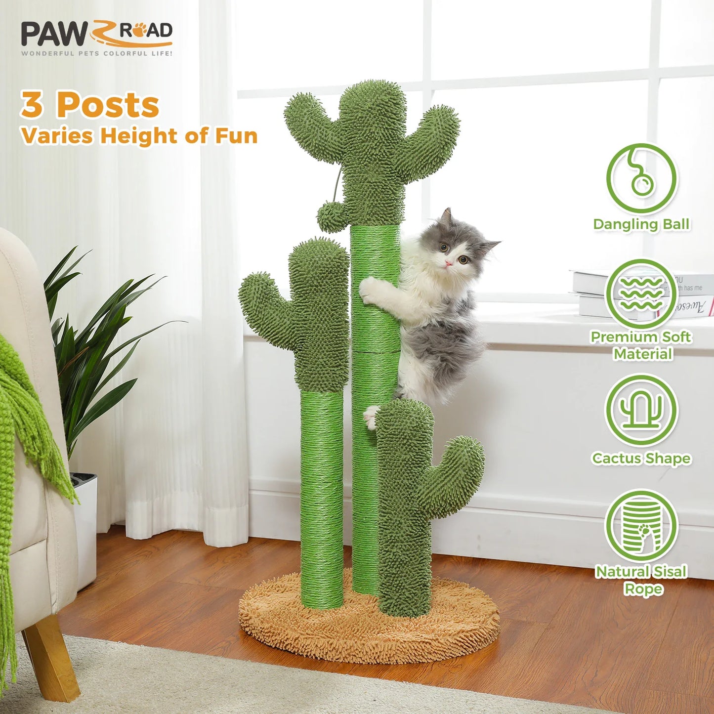 Cactus Cat Scratching Post with 3 Poles and Dangling Ball