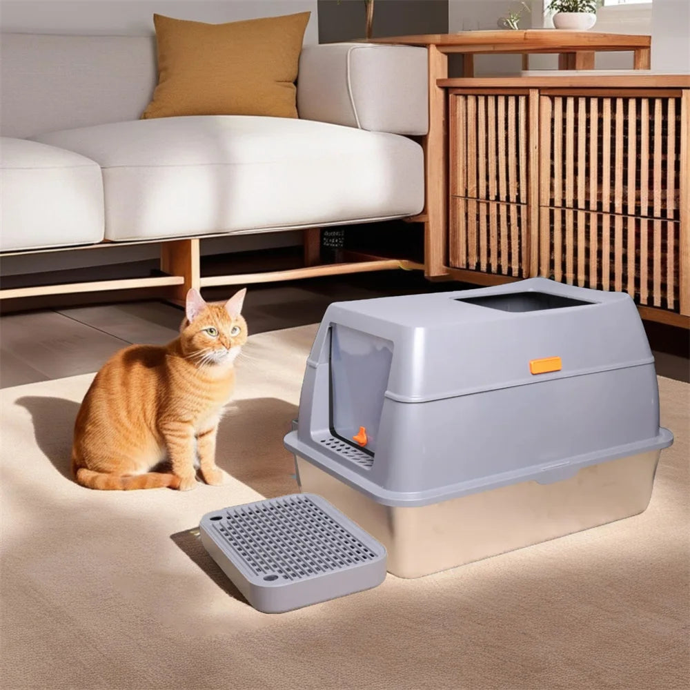 XXL Stainless Steel Cat Litter Box Enclosed Puppy Cat Tray