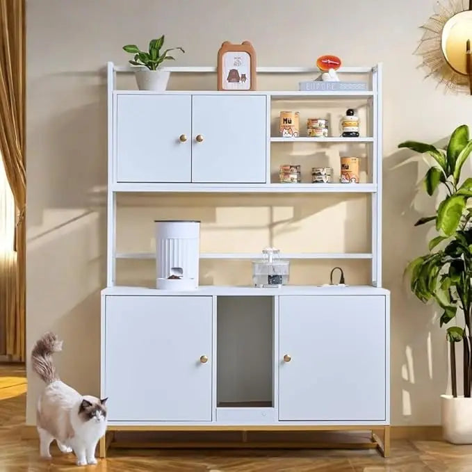 Upgraded Large Cat Litter Box Enclosure with Built-in Power Outlet and Shelf for Indoor Use