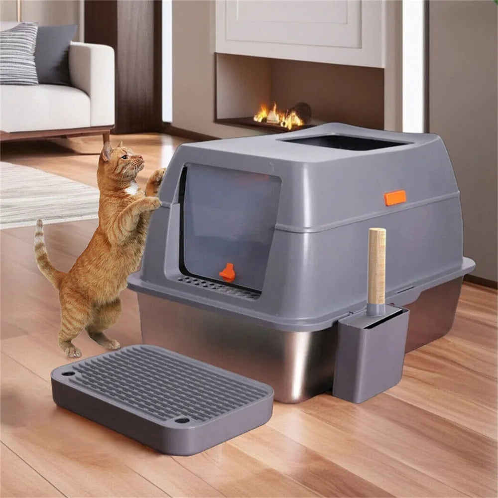 XXL Stainless Steel Cat Litter Box Enclosed Puppy Cat Tray