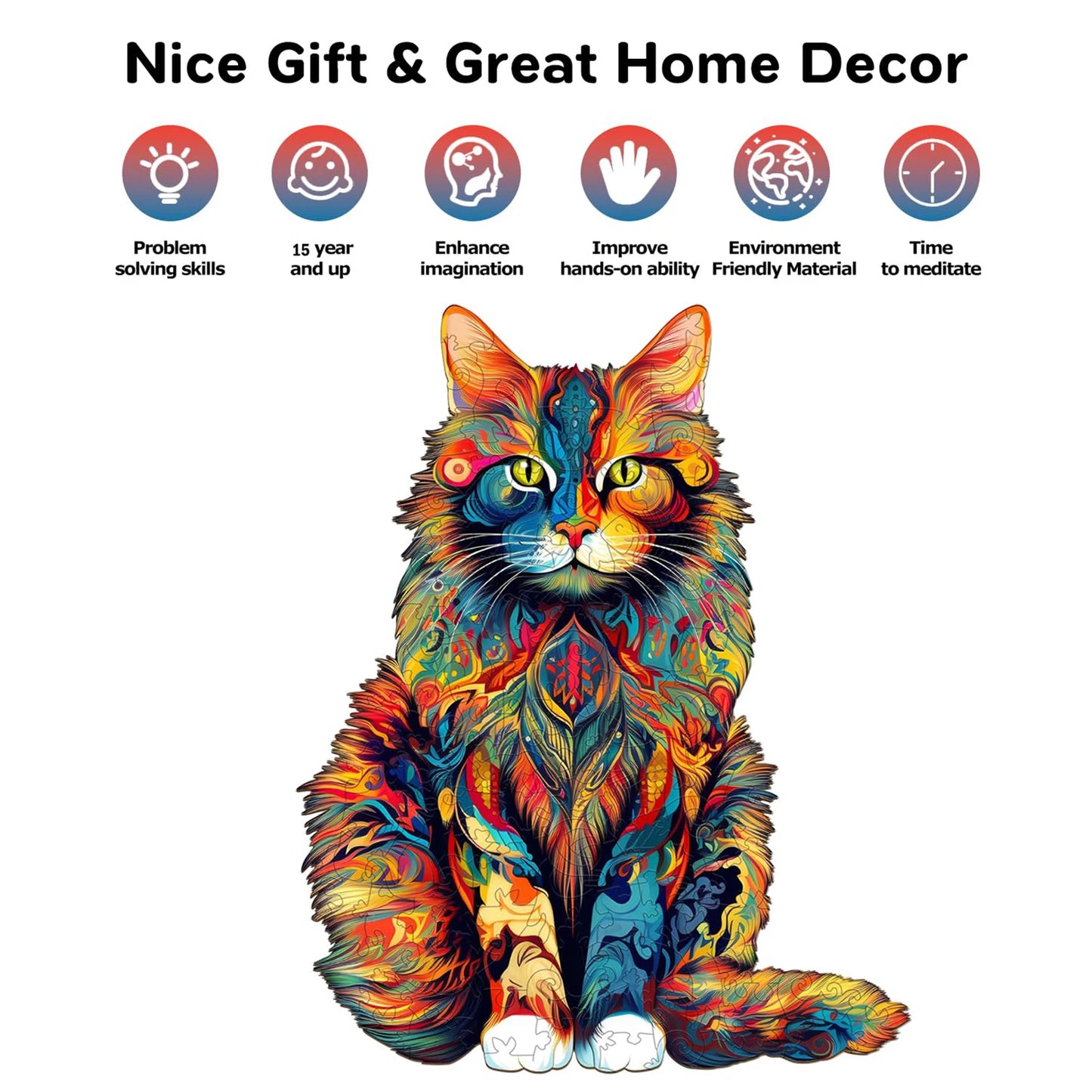 Cat Pattern Wooden Jigsaw Puzzle Unique Animal Shape Educational Toy for Kids and Teens