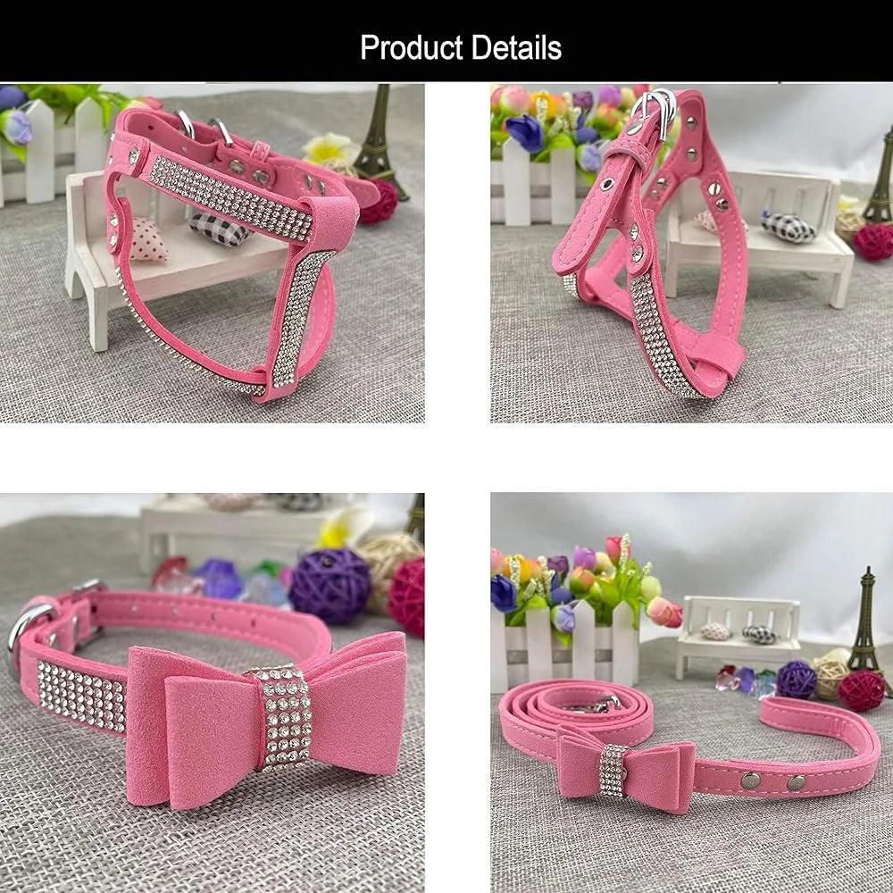 Diamante Bowtie Dog Collar Harness Leash Set for XS Puppies Soft Microfiber Pet Gear