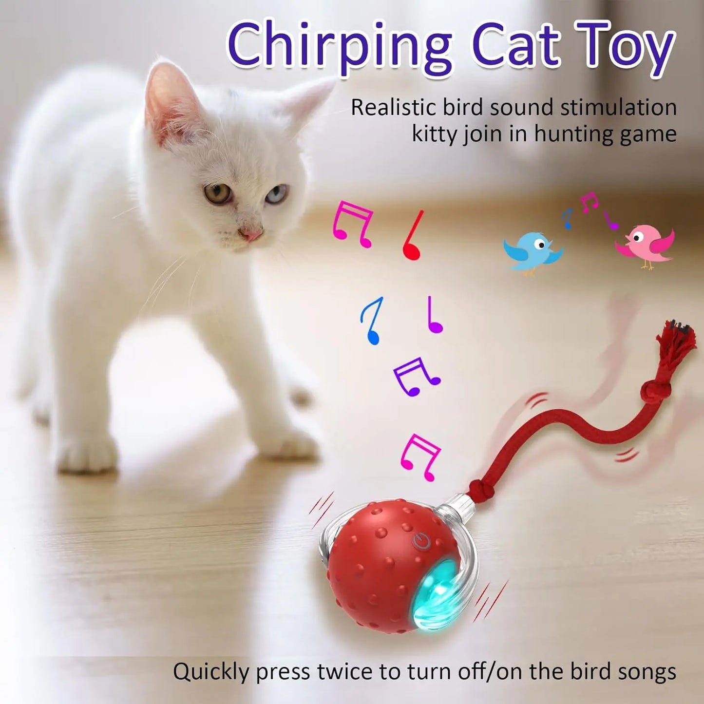 Interactive Cat Toy Ball for Indoor Cats Rolls Quickly and Chirps on Carpet Red