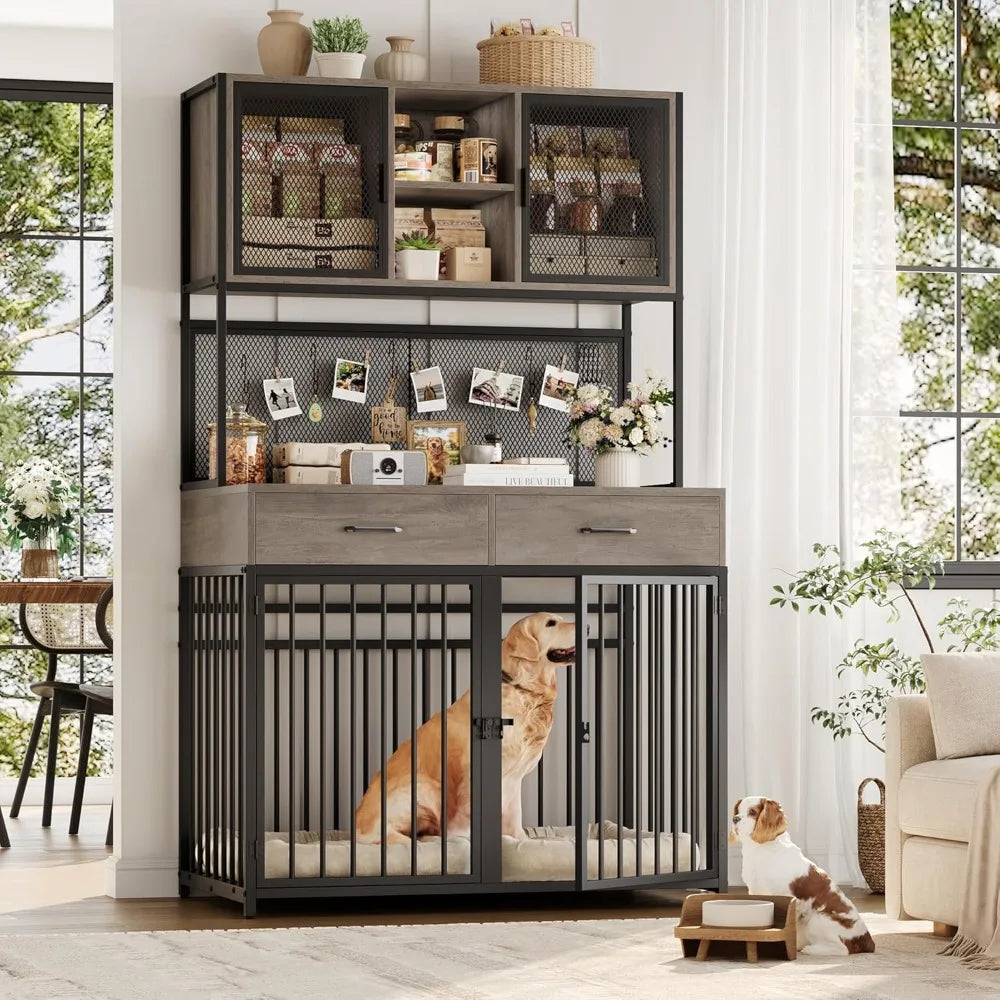 71 Inch Tall Dog Crate Furniture with Hutch and Storage for Large Medium Dogs
