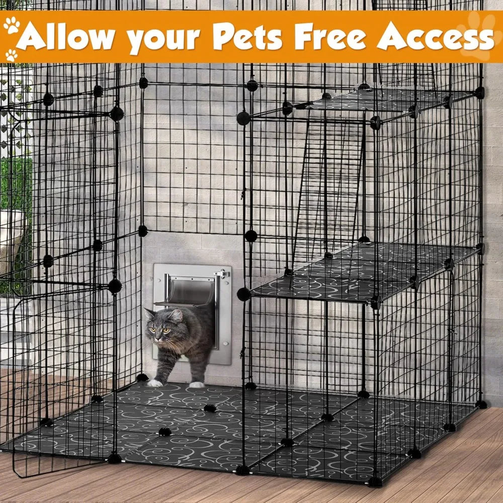 Indoor Cat Enclosure 3-Tier Wire Cages with Window Catio and Litter Box for Large Cats
