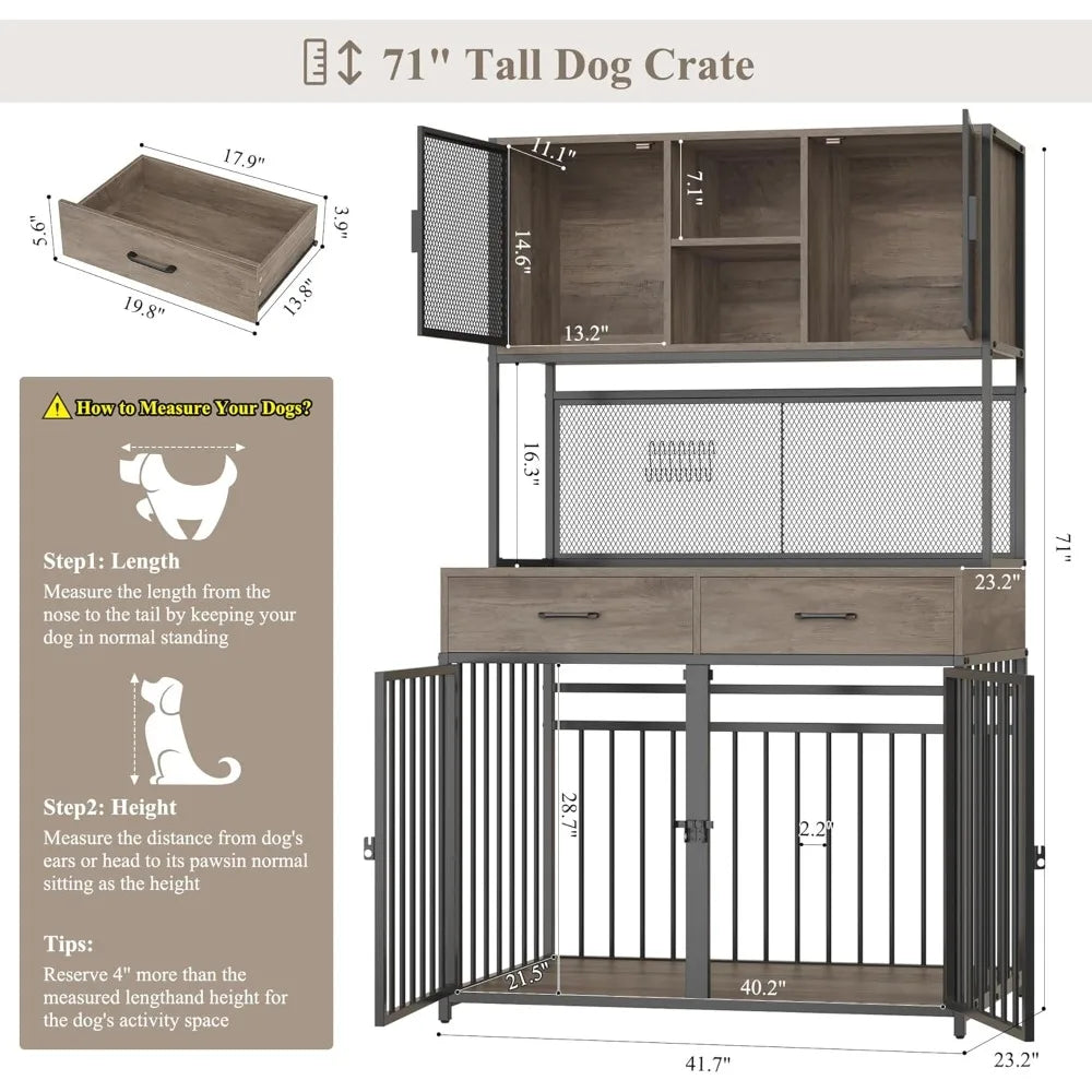 71 Inch Tall Dog Crate Furniture with Hutch and Storage for Large Medium Dogs