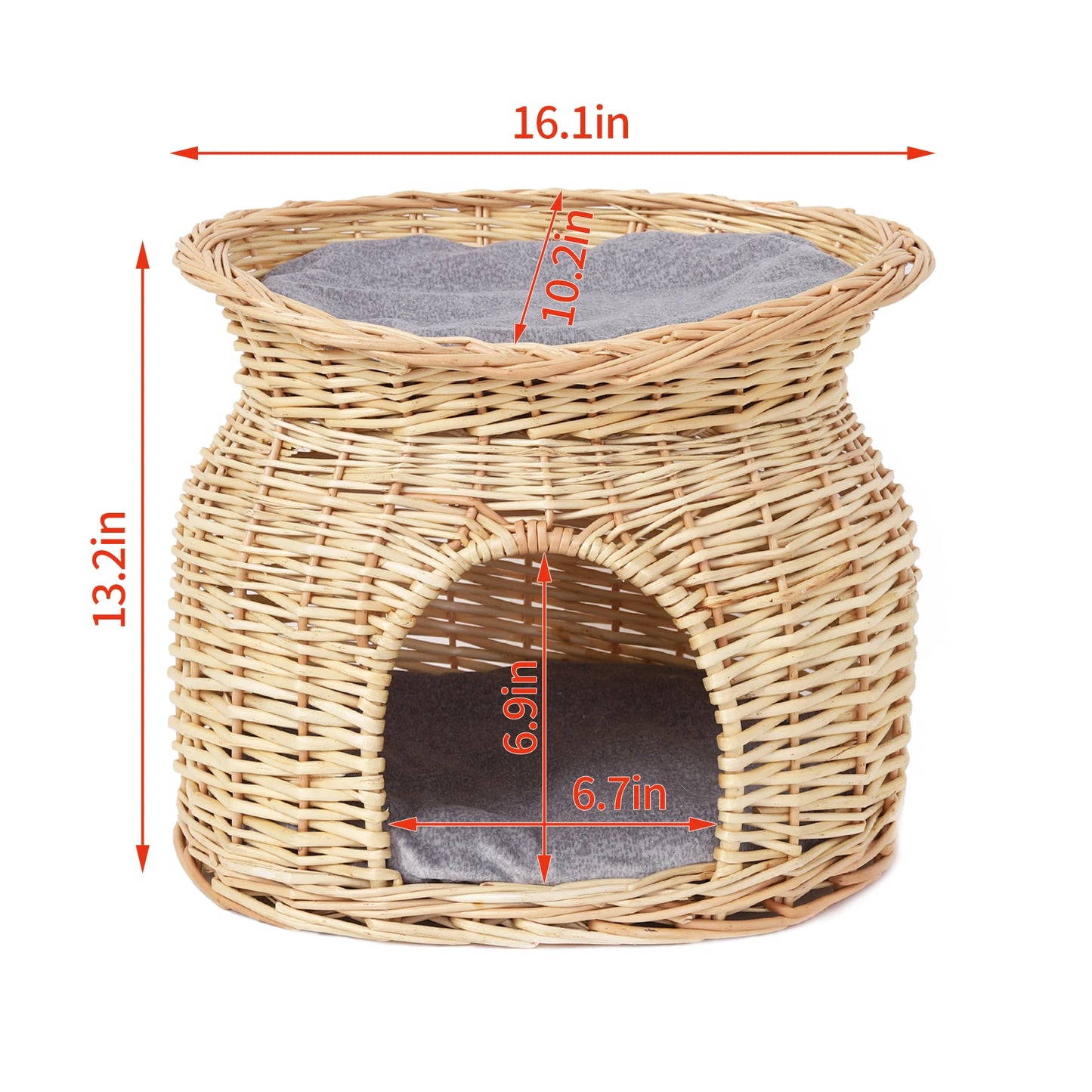 2-Tier Wicker Cat Bed with Soft Cushions Double Layer Indoor Pet Sleeping and Play House