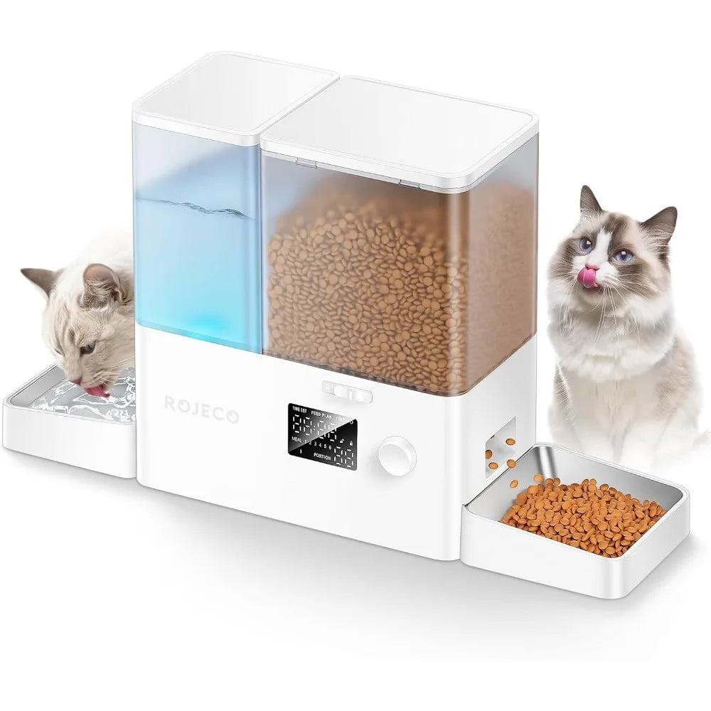 Automatic Cat Feeder and Gravity Water Dispenser 2-in-1 Set Large Capacity with Steel Bowls