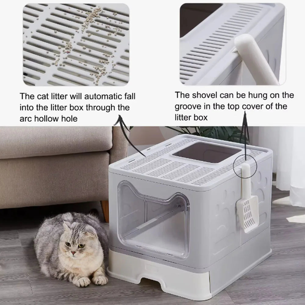 Convenient Foldable Litter Box with Drawer Design and Scooper for Easy Cat Waste Management