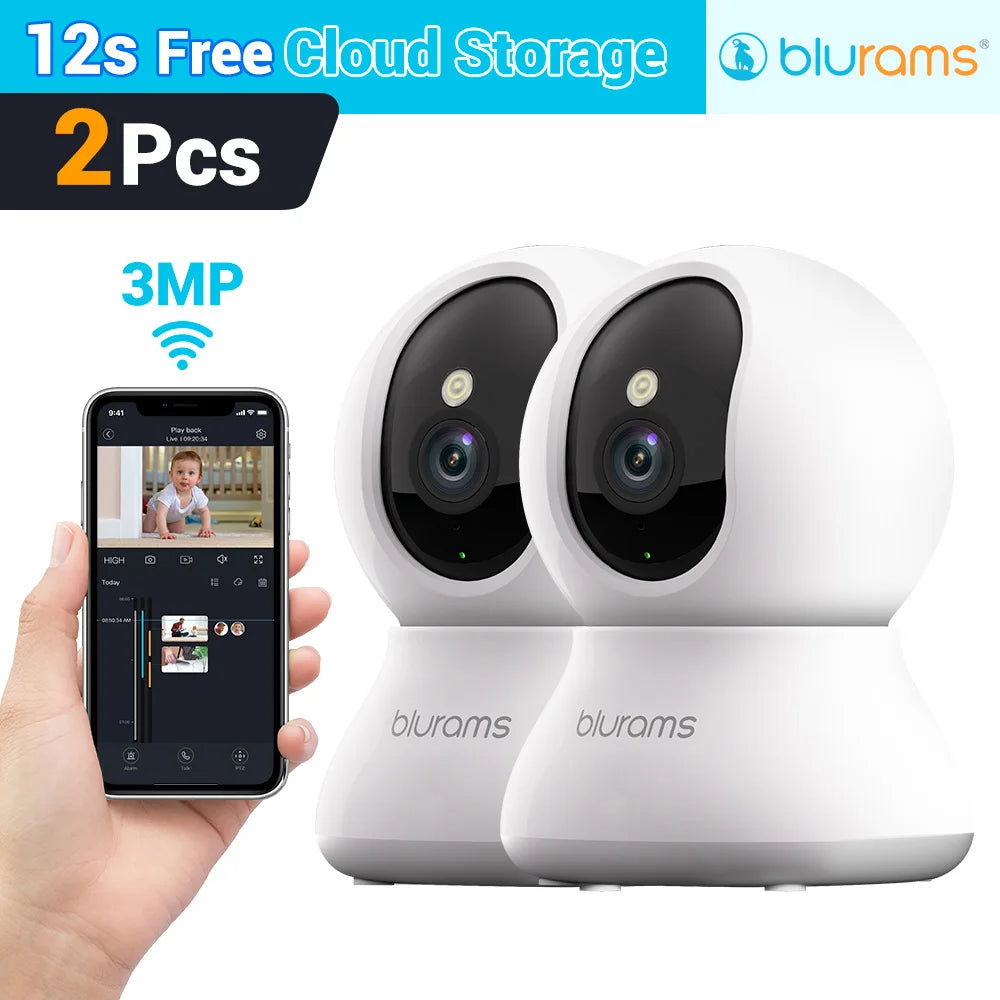 2 Pack Blurams 2K Indoor Security Camera with Two Way Audio and Motion Detection for Home Safety