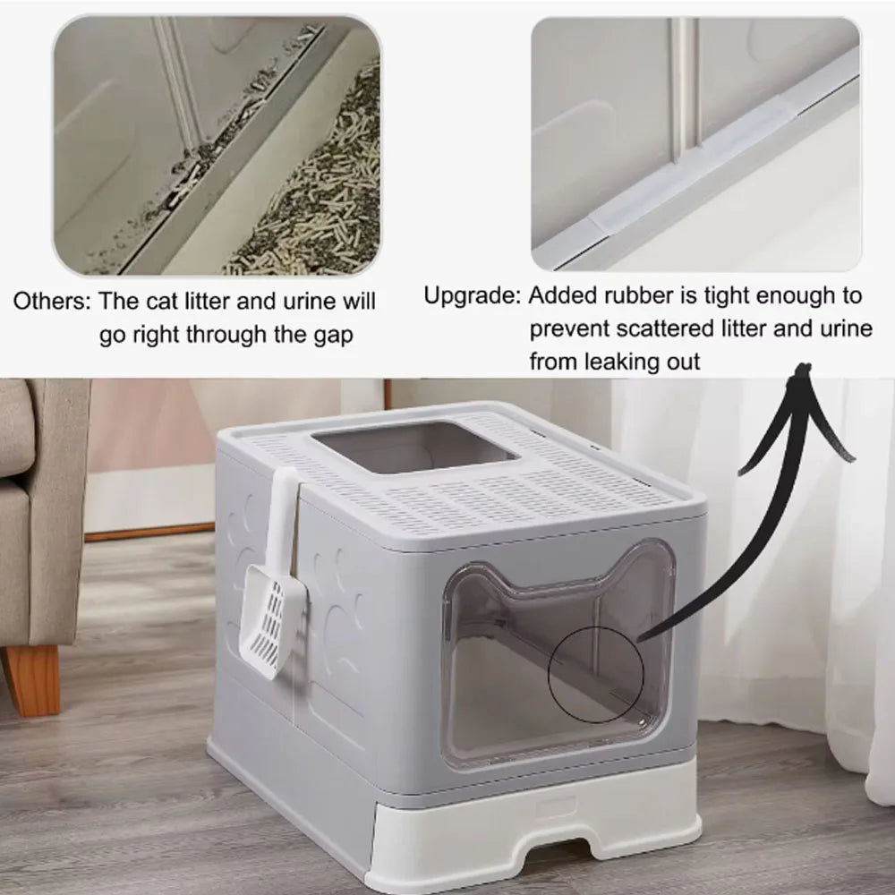 Convenient Foldable Litter Box with Drawer Design and Scooper for Easy Cat Waste Management