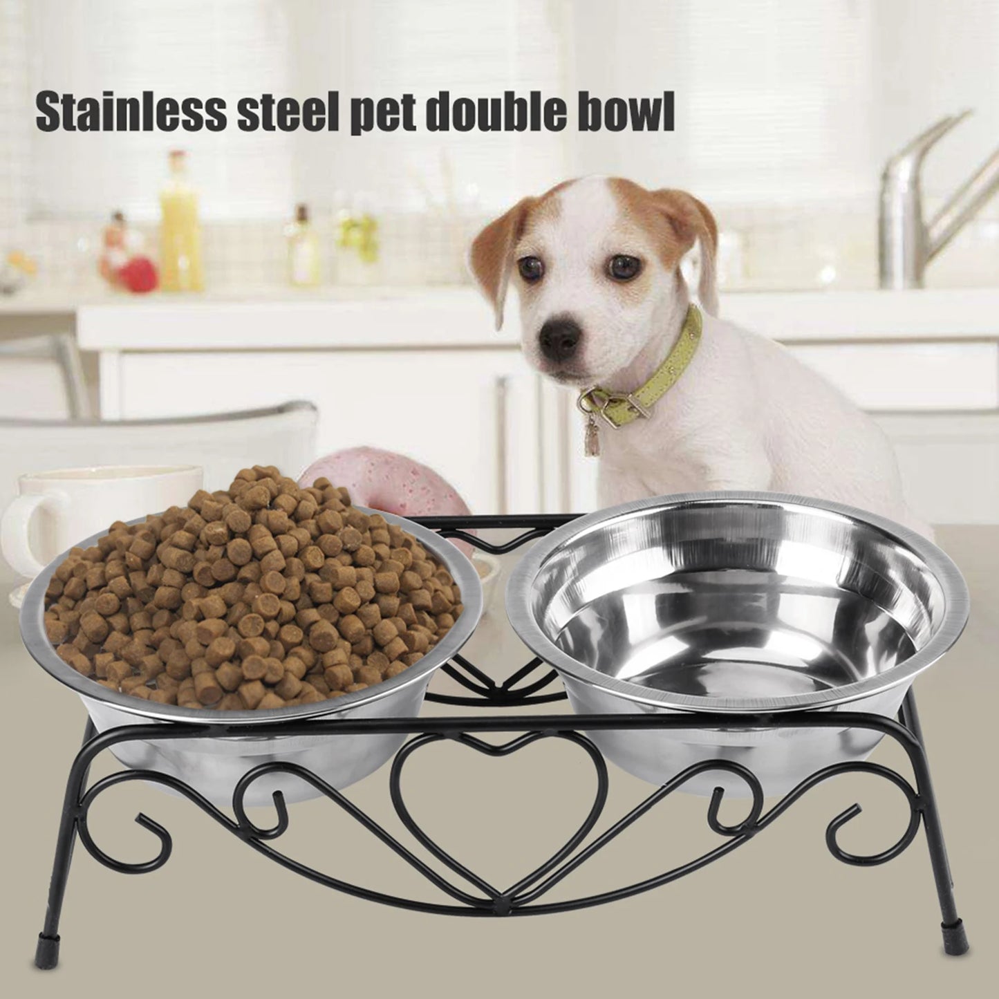 Stainless Steel Double Dog Cat Food Water Bowls Feeder Dishes Stand