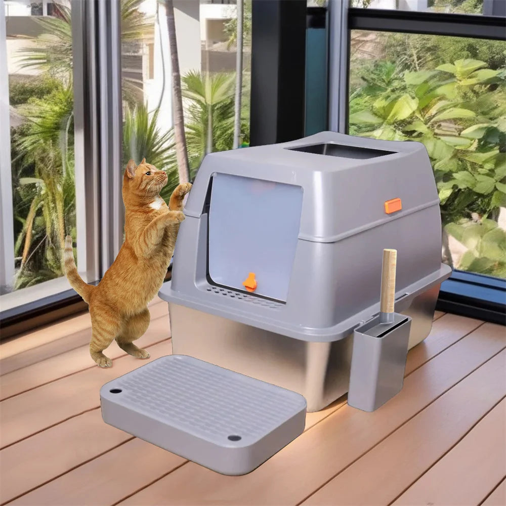 XXL Stainless Steel Cat Litter Box Enclosed Puppy Cat Tray
