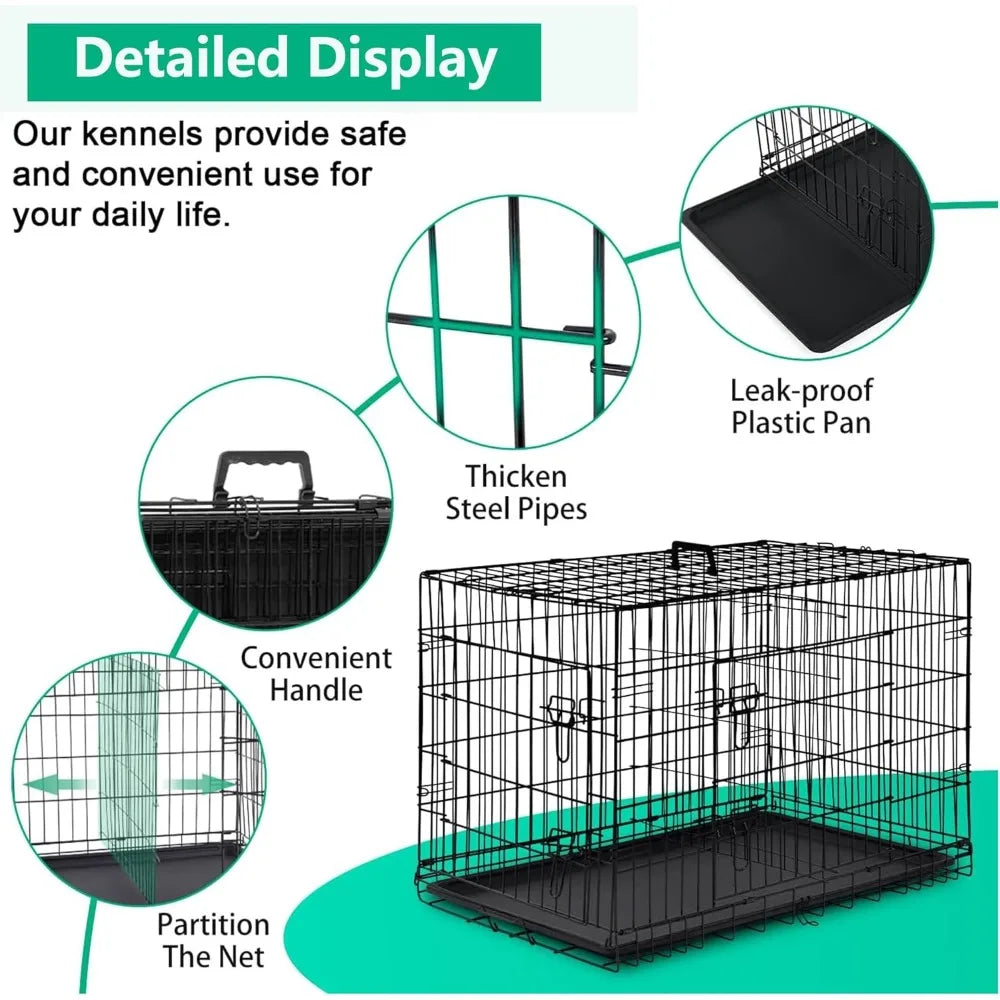 XL Dog Crate Double Door 42 Inch Folding Metal Wire Cage With Removable Tray