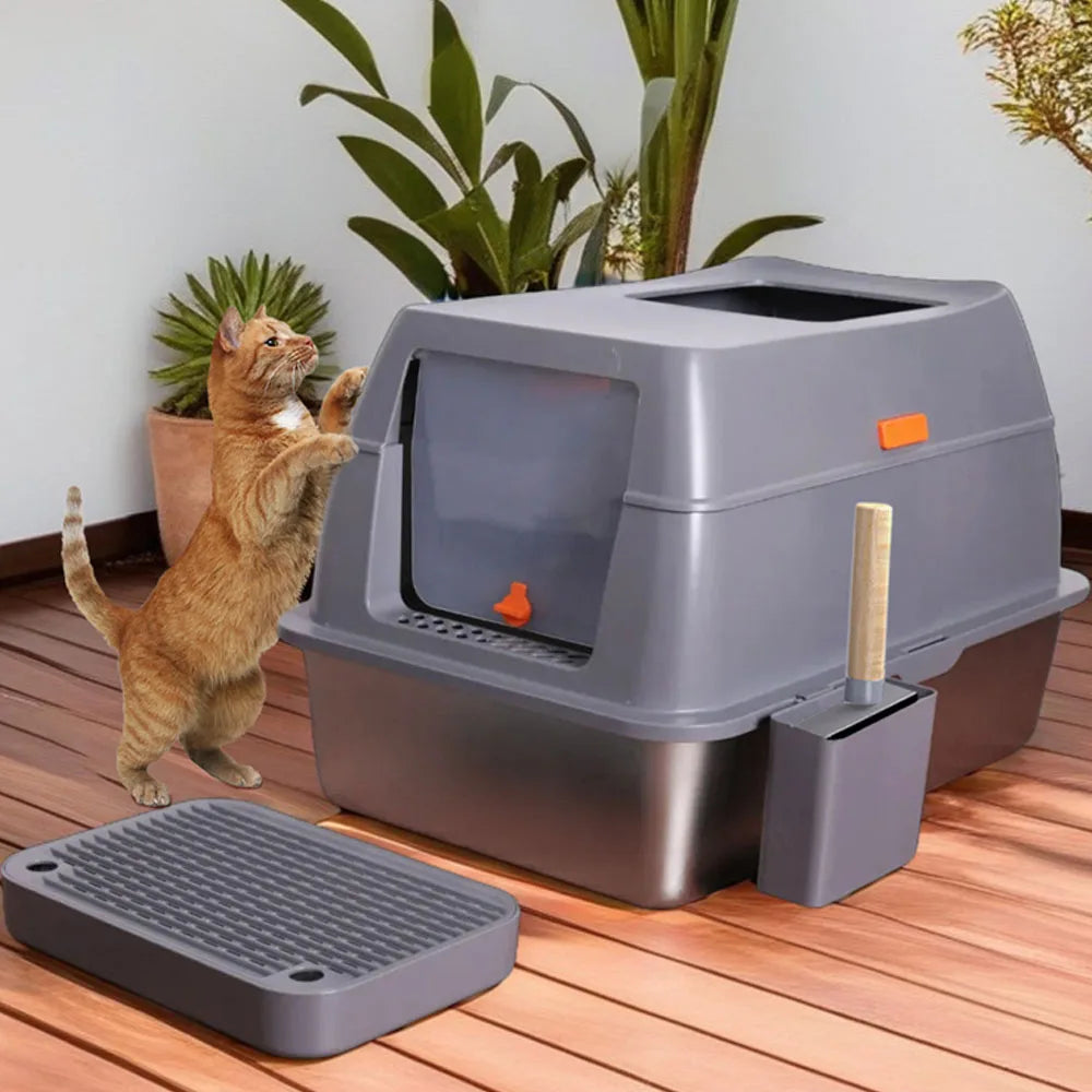XXL Stainless Steel Cat Litter Box Enclosed Puppy Cat Tray