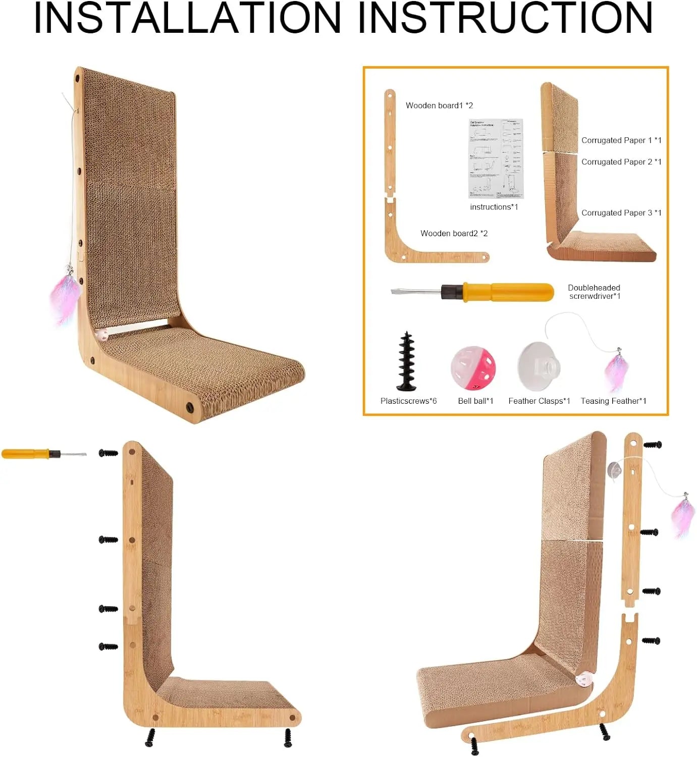 L Shape Cat Scratcher 23.6 Inch Cardboard Scratching Pad for Indoor Cats and Furniture Protection
