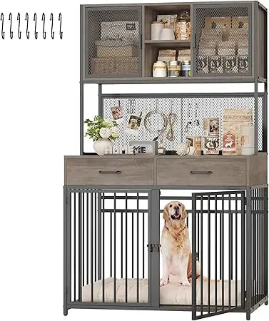 71 Inch Tall Dog Crate Furniture with Hutch and Storage for Large Medium Dogs