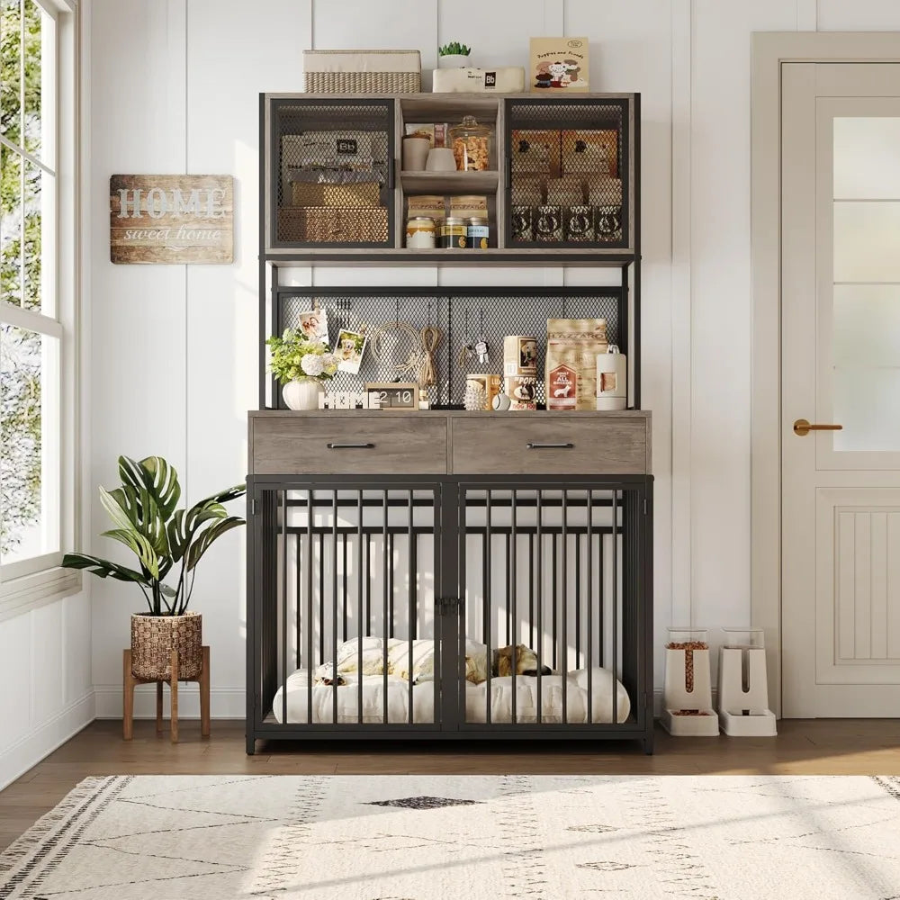 71 Inch Tall Dog Crate Furniture with Hutch and Storage for Large Medium Dogs