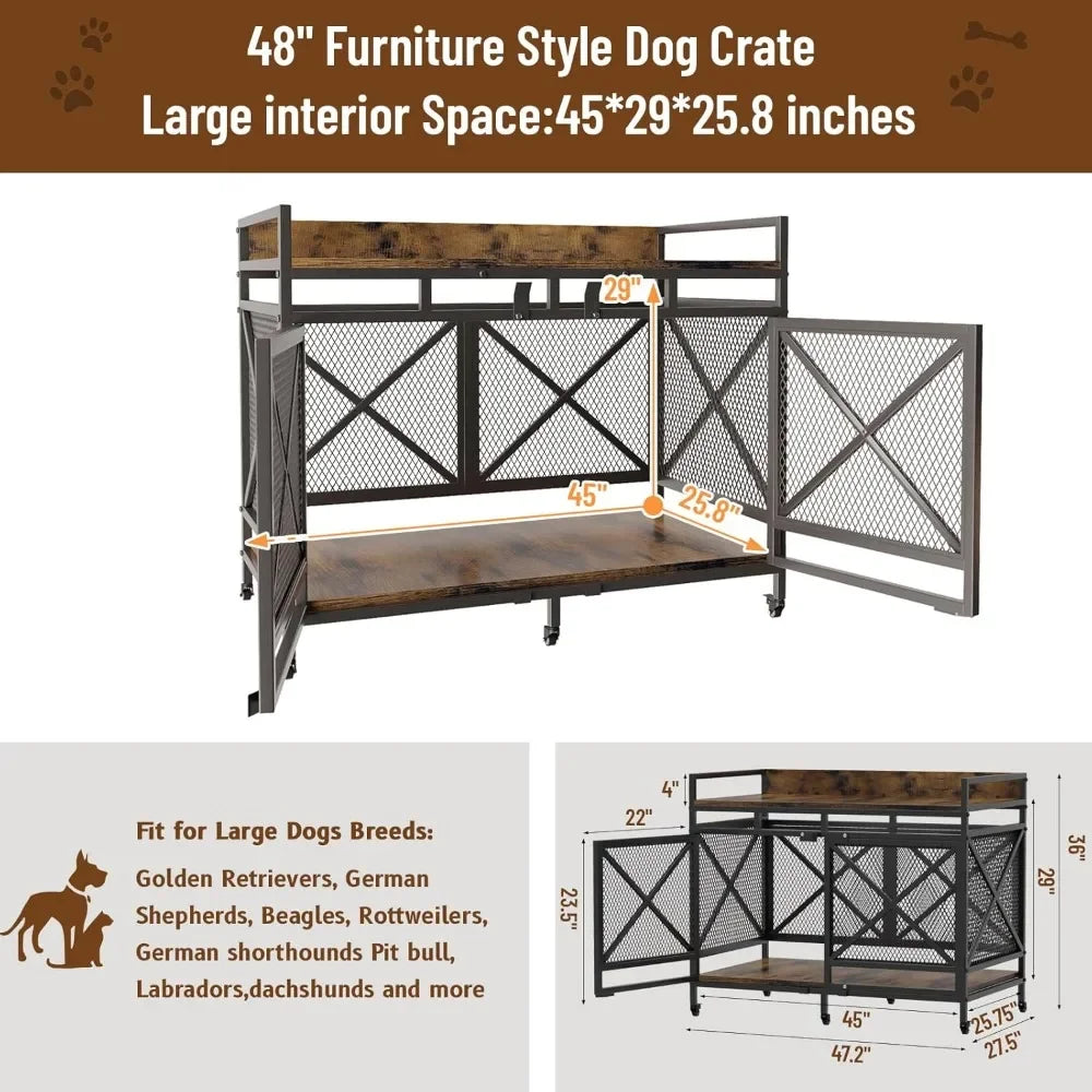Large Dog Crate 48 Inch Wooden Kennel Heavy Duty Indoor Wire Cage with Caster Wheels