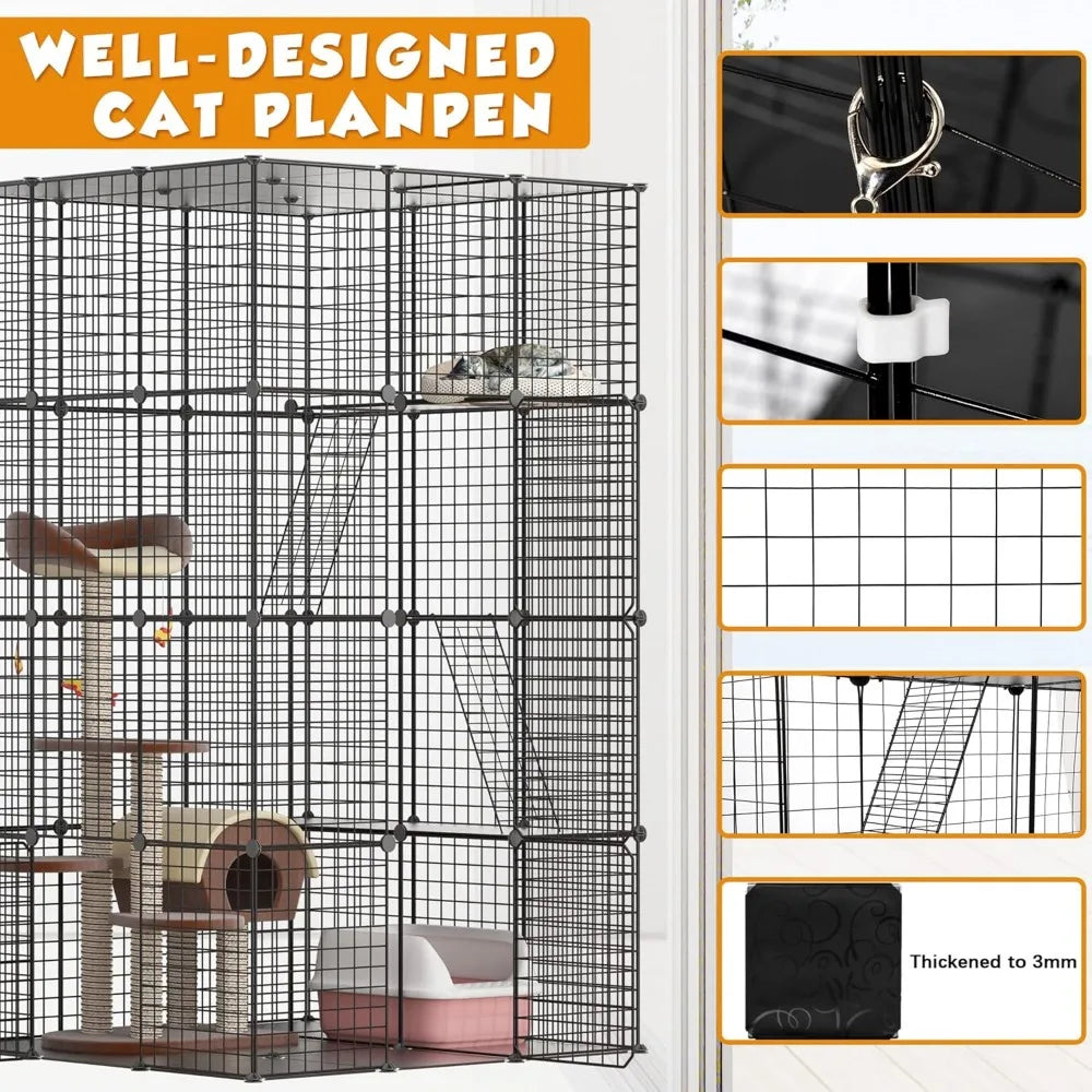 Indoor Cat Enclosure 3-Tier Wire Cages with Window Catio and Litter Box for Large Cats