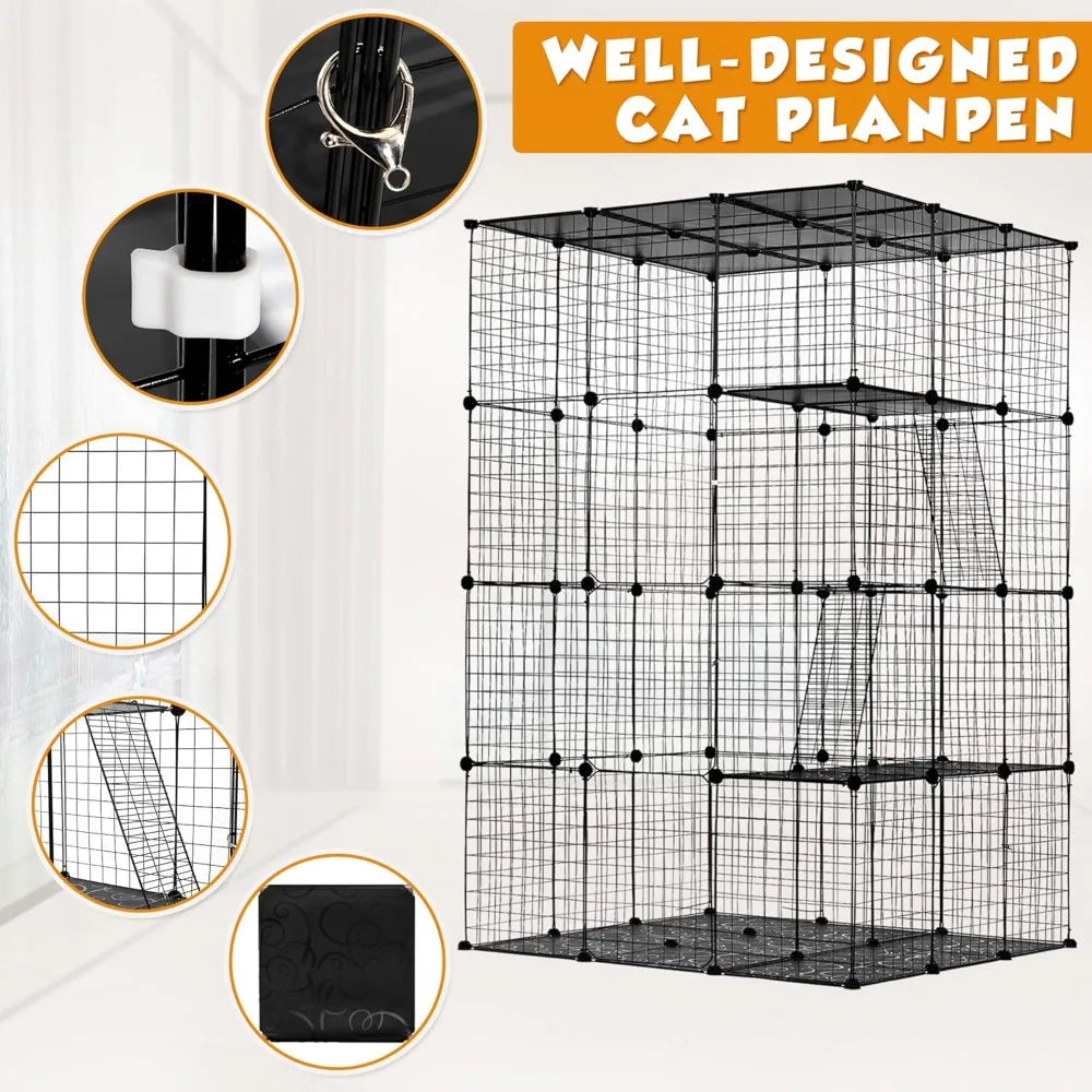 Indoor Cat Enclosure 3-Tier Wire Cages with Window Catio and Litter Box for Large Cats