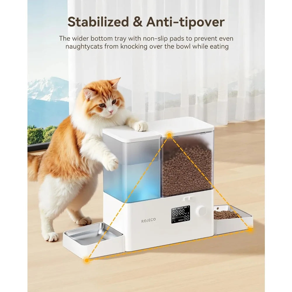 Automatic Cat Feeder and Gravity Water Dispenser 2-in-1 Set Large Capacity with Steel Bowls
