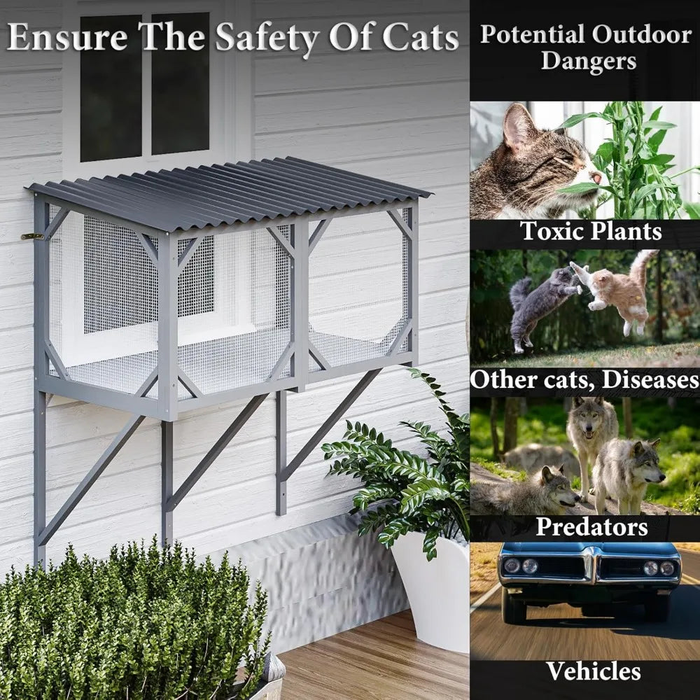 Cat Window Box Catio Outdoor Enclosure 43.3 Inch Sturdy Perch for Sunbathing and Napping