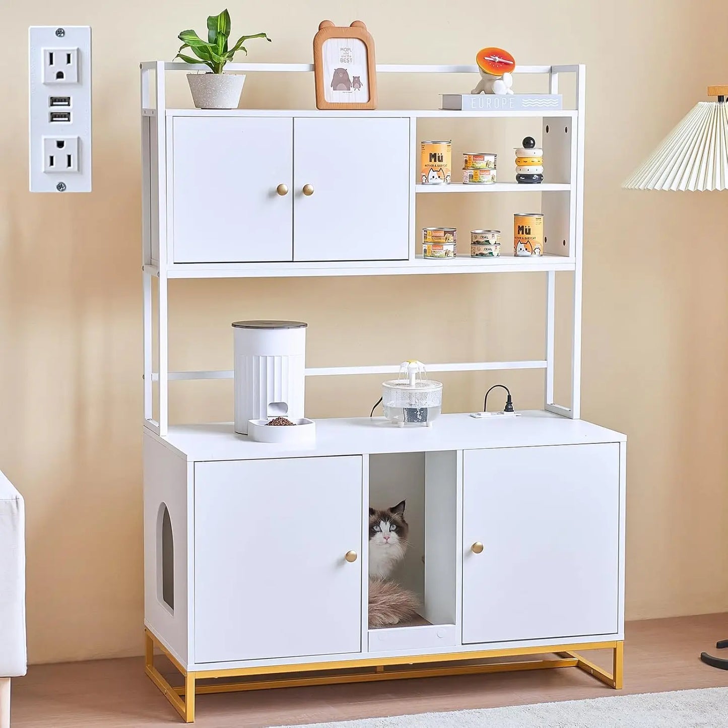 Upgraded Large Cat Litter Box Enclosure with Built-in Power Outlet and Shelf for Indoor Use