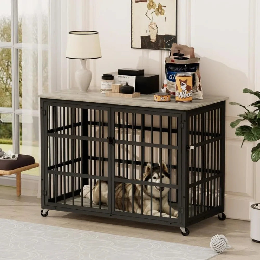 Grey Wrought Iron Dog Crate With Side Openings And Doors