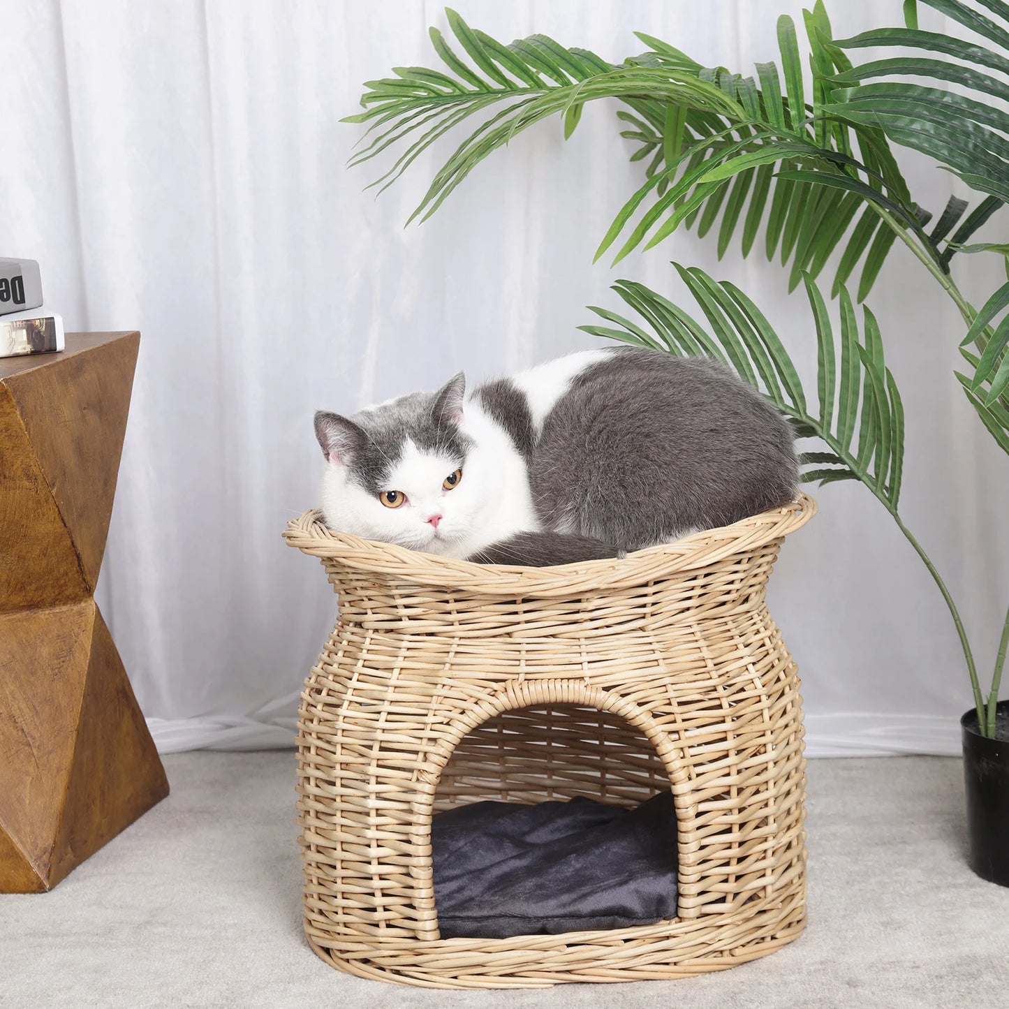 2-Tier Wicker Cat Bed with Soft Cushions Double Layer Indoor Pet Sleeping and Play House