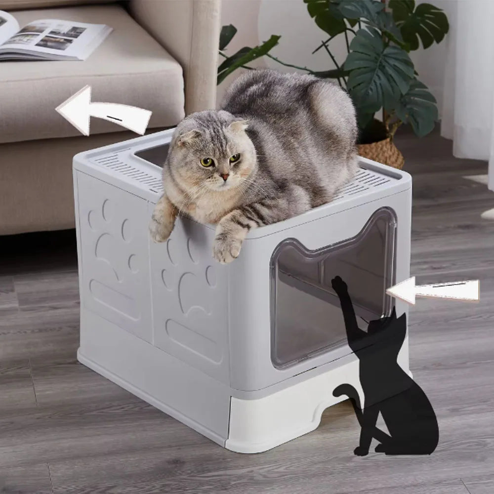 Convenient Foldable Litter Box with Drawer Design and Scooper for Easy Cat Waste Management