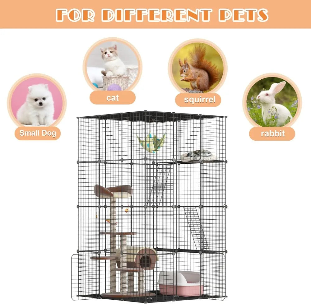 Indoor Cat Enclosure 3-Tier Wire Cages with Window Catio and Litter Box for Large Cats