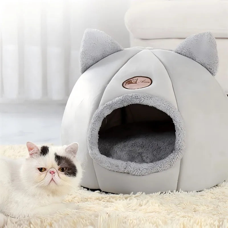 Cozy Cat Bed with Cute Cat Ears Warm Plush Design Comfortable Eco-Friendly Machine Washable
