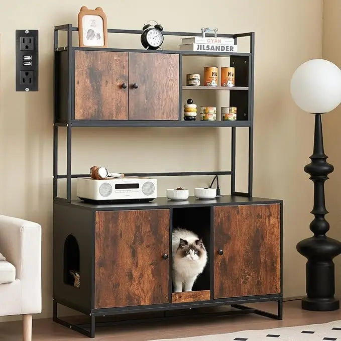 Upgraded Large Cat Litter Box Enclosure with Built-in Power Outlet and Shelf for Indoor Use