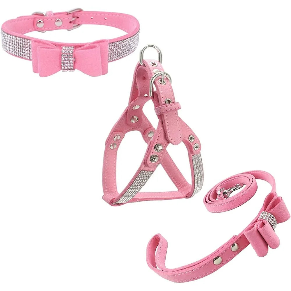 Diamante Bowtie Dog Collar Harness Leash Set for XS Puppies Soft Microfiber Pet Gear