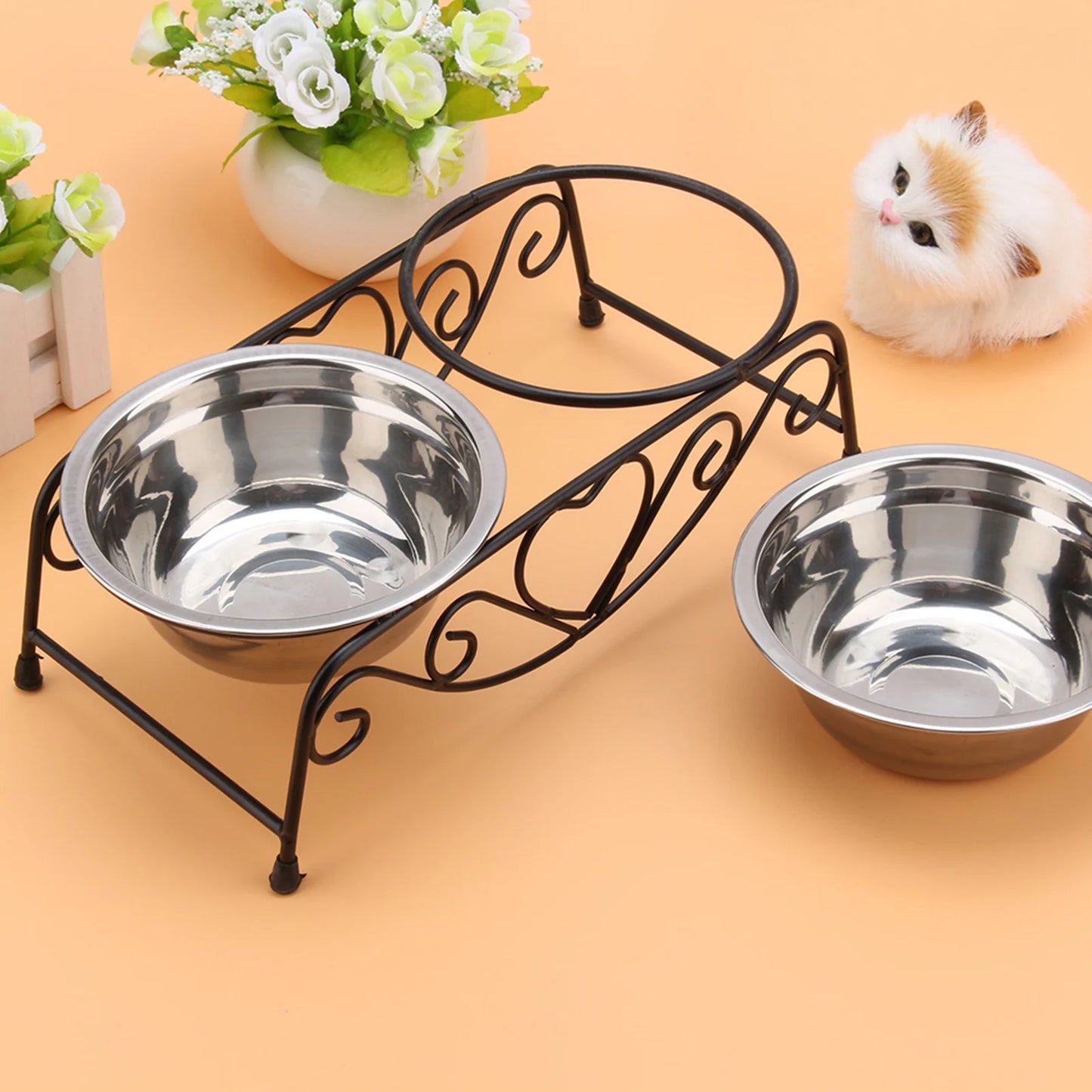 Stainless Steel Double Dog Cat Food Water Bowls Feeder Dishes Stand