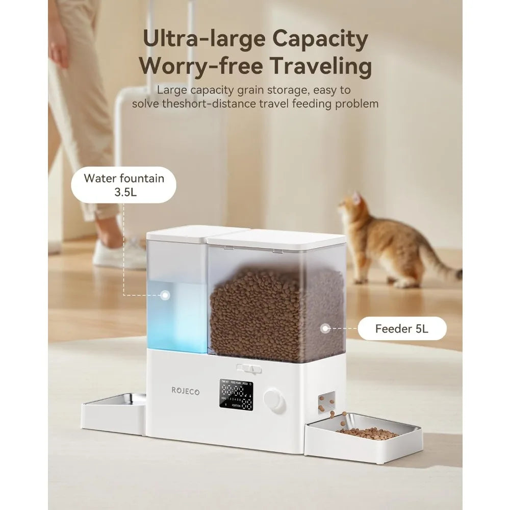 Automatic Cat Feeder and Gravity Water Dispenser 2-in-1 Set Large Capacity with Steel Bowls