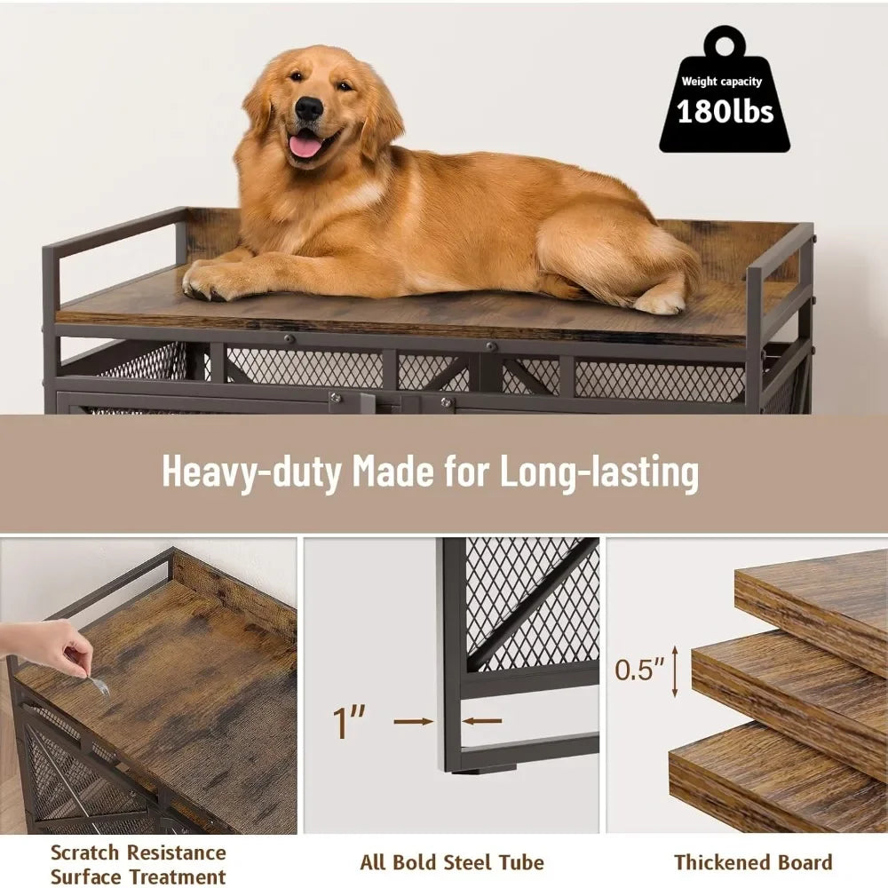 Large Dog Crate 48 Inch Wooden Kennel Heavy Duty Indoor Wire Cage with Caster Wheels